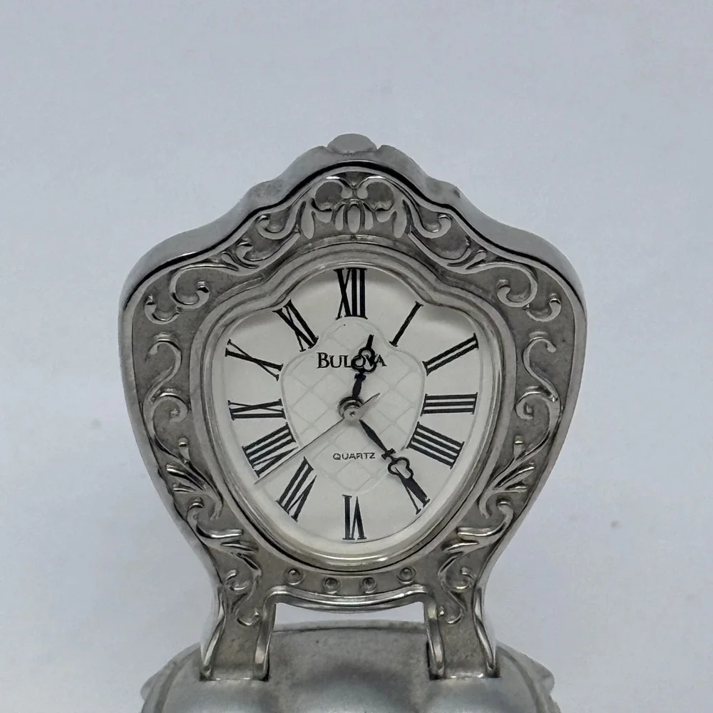 Bulova Miniature Chair Clock Silver Tone Metal Quartz Vintage Collectible Decor